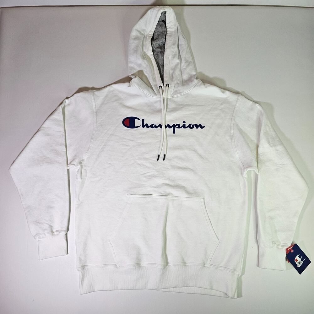 Champion Hoodie Pullover Sweatshirt Men’s Size L Spellout Logo White #AV96SE
